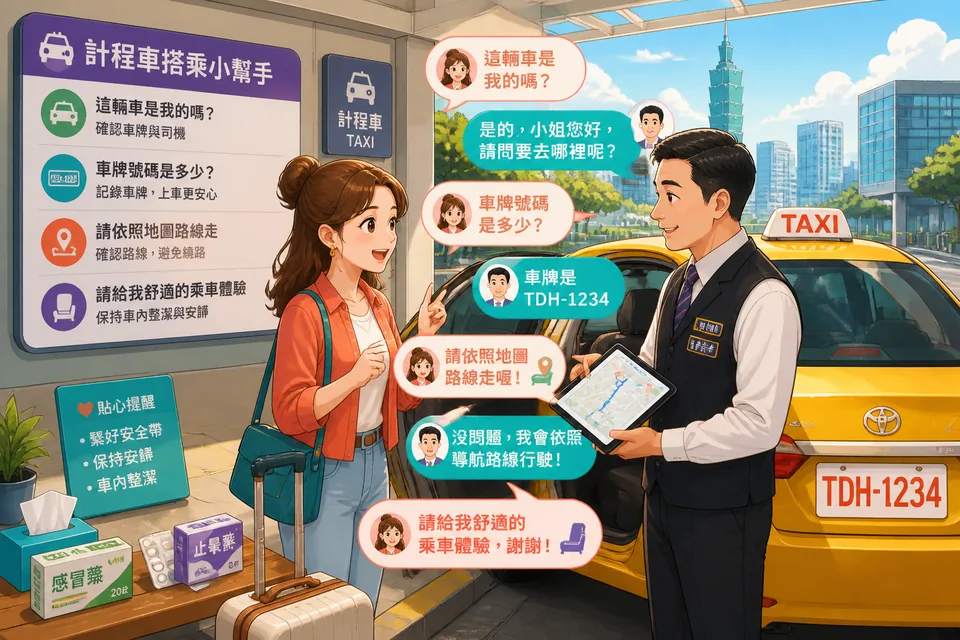 Inside a taxi in Taiwan, a passenger politely speaks with the driver while a navigation app is open. Traditional Chinese phrases appear subtly to show Taiwan Mandarin ride instructions.