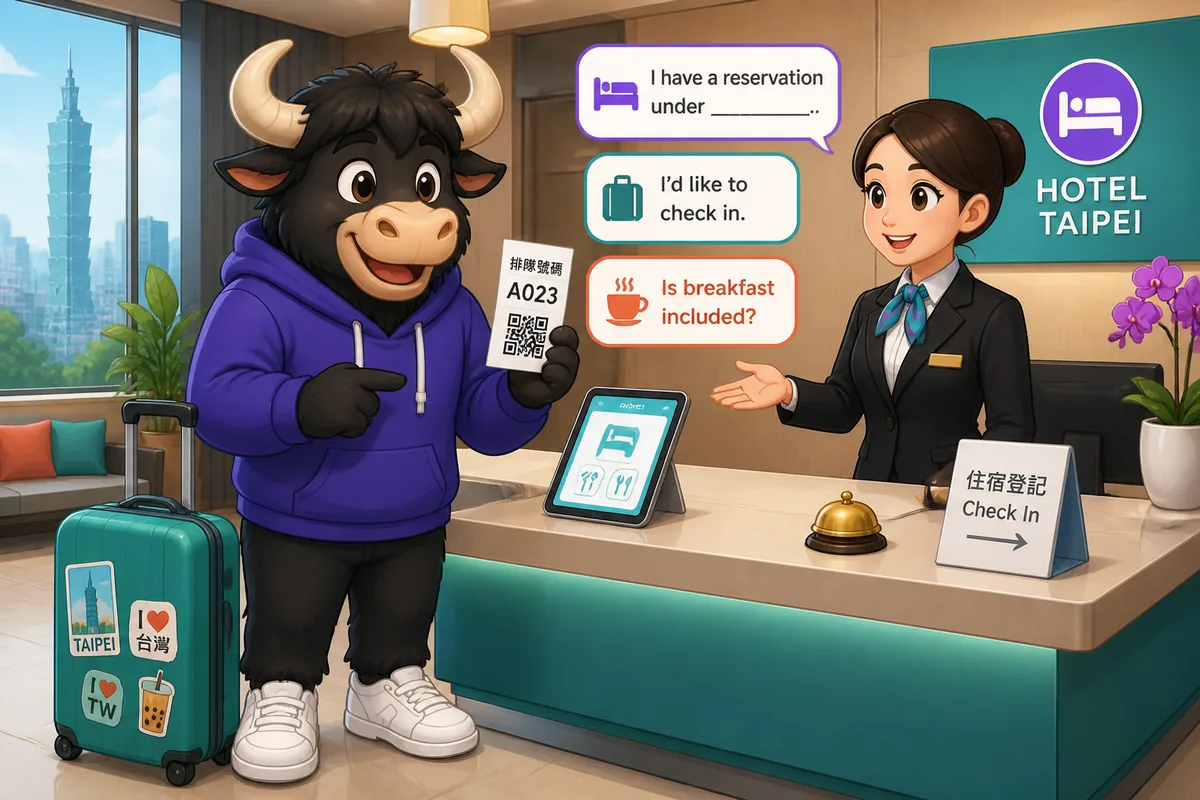 A traveler stands at a modern hotel front desk in Taiwan, practicing Traditional Chinese hotel accommodation phrases in Taiwan Mandarin. A suitcase, key card, and welcome sign make the check-in scene vivid.