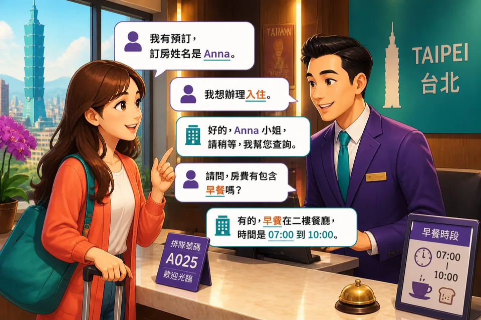 Anna speaks with David at a Taiwan hotel reception desk, using Traditional Chinese phrases for checking in and asking for hotel information in Taiwan Mandarin. The scene shows luggage, room cards, and a friendly front-desk exchange.