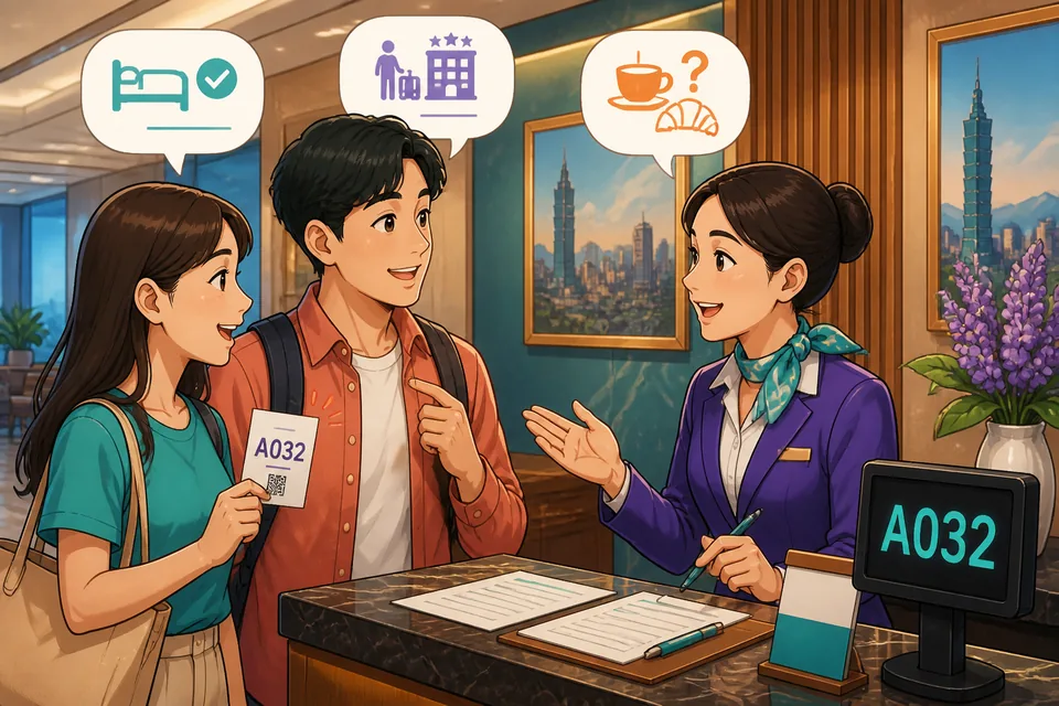 A cozy Taiwan hotel lobby with signs in Traditional Chinese, where a guest is ready to ask about breakfast, Wi-Fi, and check-out time in Taiwan Mandarin. The lesson topic is hotel accommodation for everyday travel.