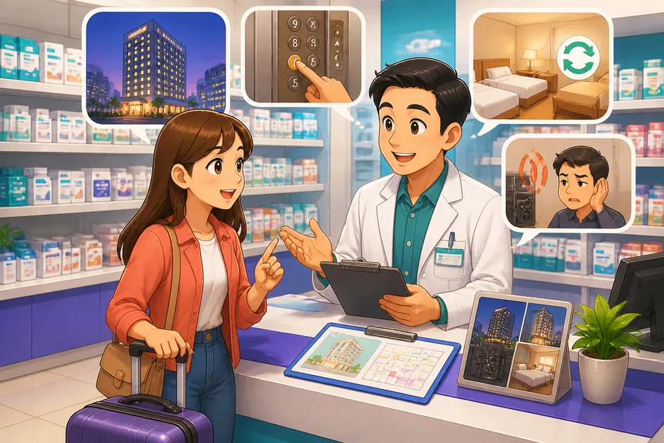 Anna speaks with David at a Taiwan hotel counter, using Traditional Chinese in a Taiwan Mandarin hotel conversation. The scene shows practical check-in phrases for room problems, parking, and wake-up calls.