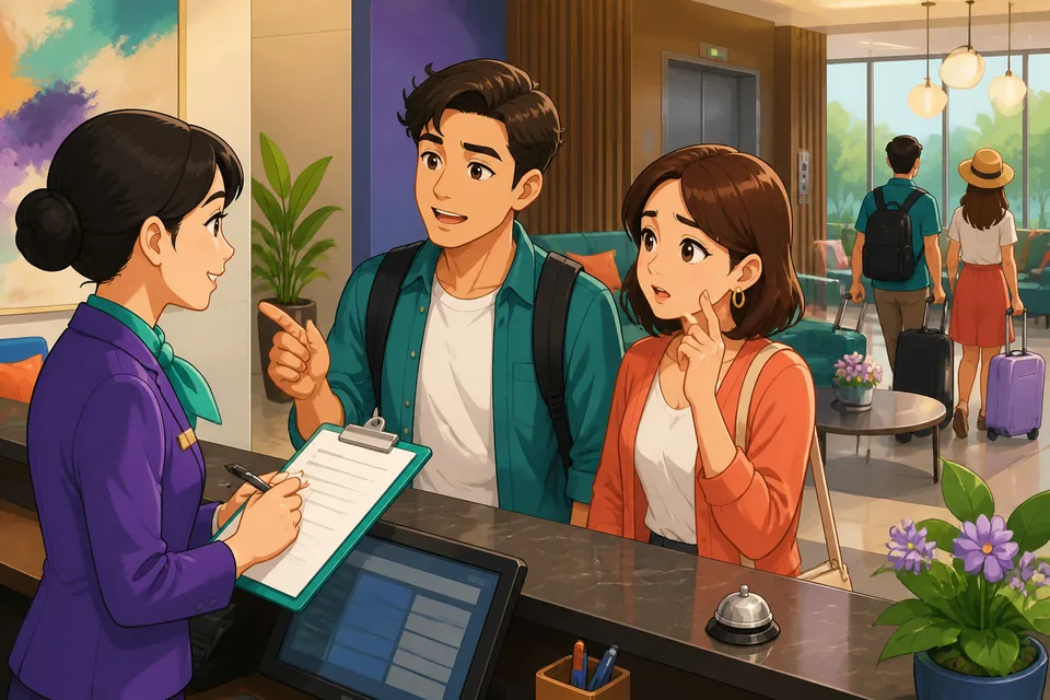A close-up of a hotel reservation screen and key card, with Traditional Chinese phrases for hotel accommodation in Taiwan Mandarin. The scene highlights checking room readiness and asking about floors.