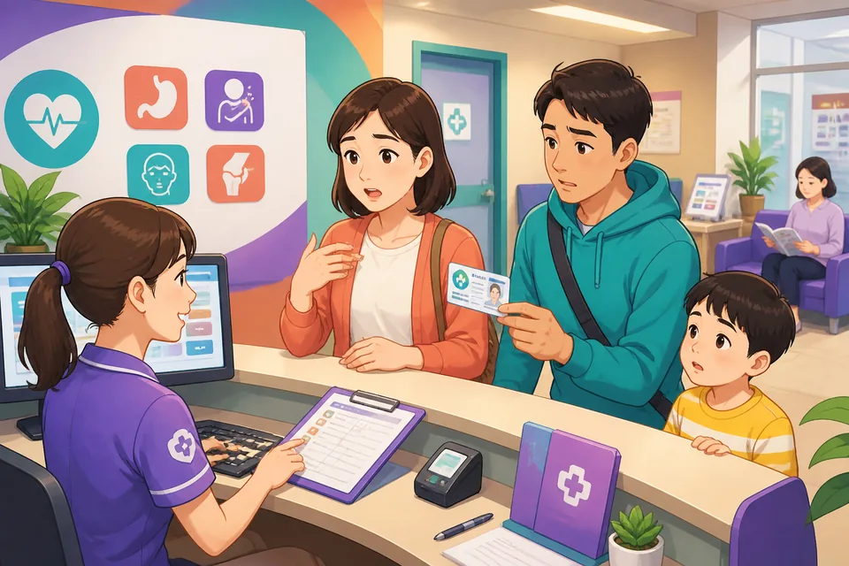 A cozy clinic waiting area in Taiwan with a thermometer, medicine bag, and Traditional Chinese doctor-visit vocabulary on the wall. The image supports Taiwan Mandarin practice for symptoms, pain, and recovery questions.
