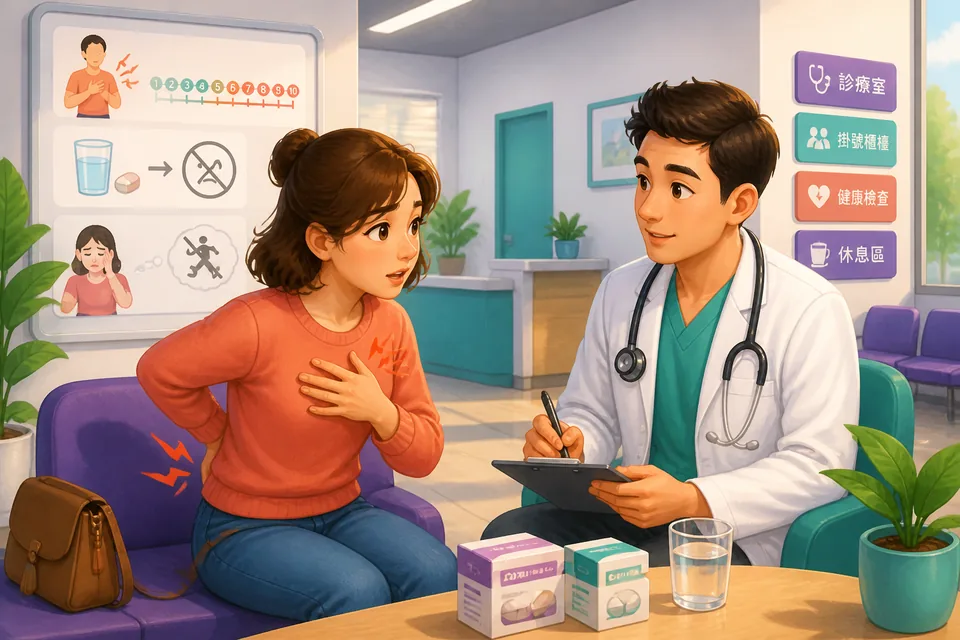 Anna talks with David, a doctor, during a Taiwan Mandarin doctor visit while Traditional Chinese symptom phrases appear beside them.