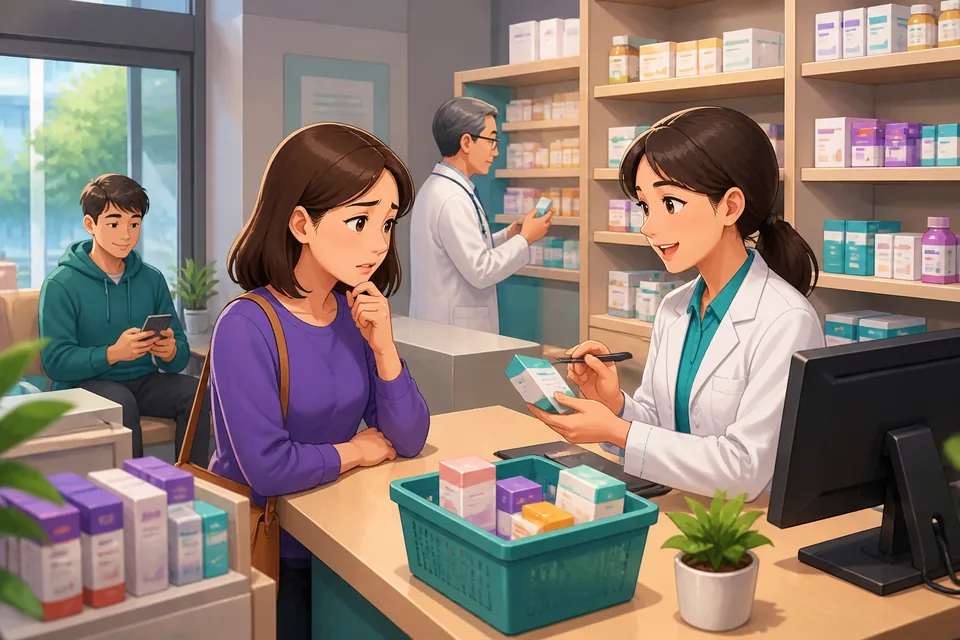 A friendly clinic waiting room in Taiwan, showing a learner reviewing Traditional Chinese phrases for describing pain and symptoms in Taiwan Mandarin.