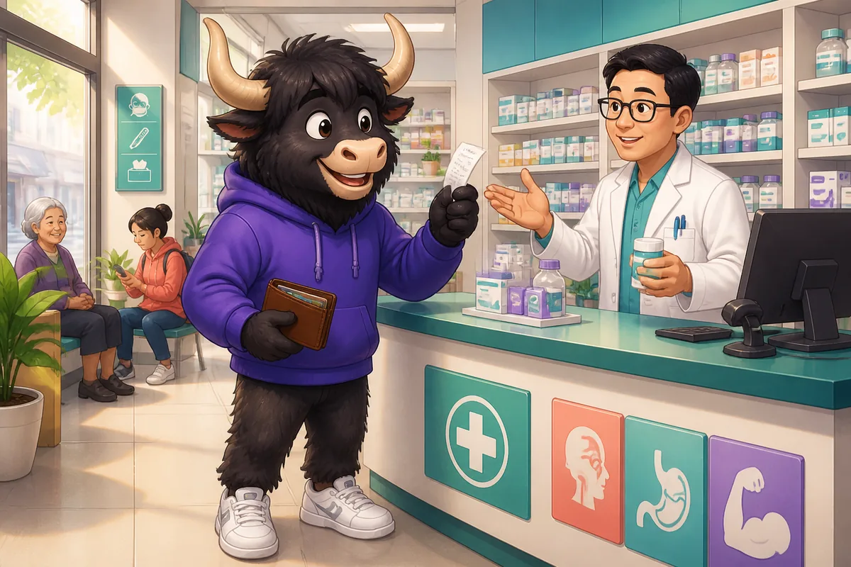 A bright Taiwan pharmacy counter with medicine boxes, a friendly pharmacist, and Traditional Chinese signs; the Taiwan Mandarin lesson topic is asking for medicine safely at the pharmacy.