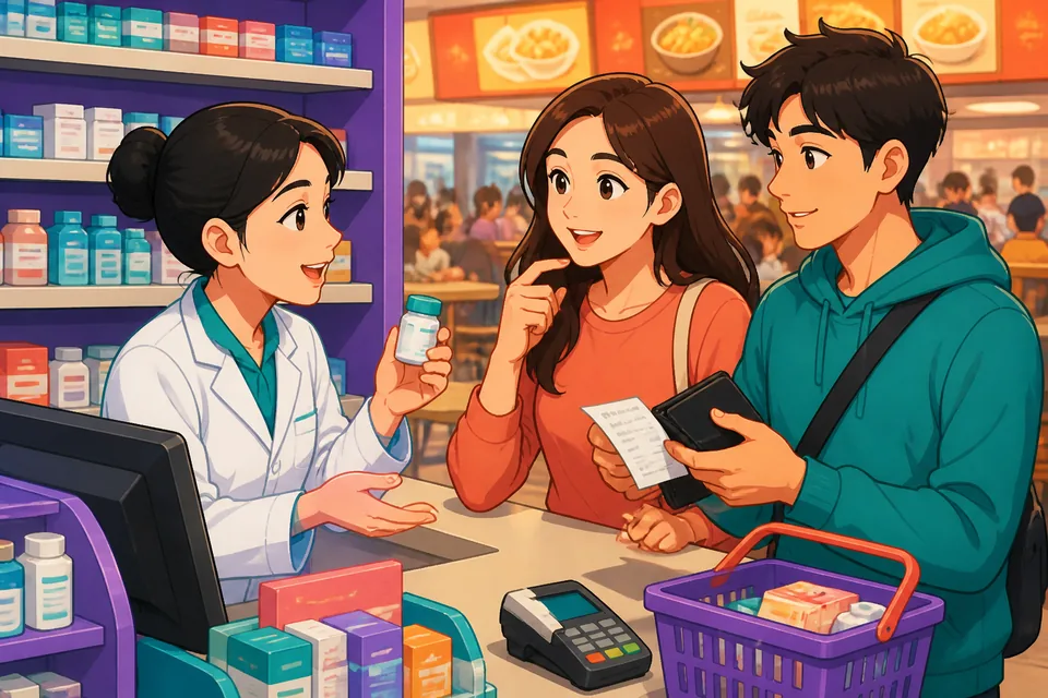A learner holding a small note with Traditional Chinese pharmacy phrases while standing in a Taiwan Mandarin pharmacy aisle, looking at cold medicine and allergy medicine.