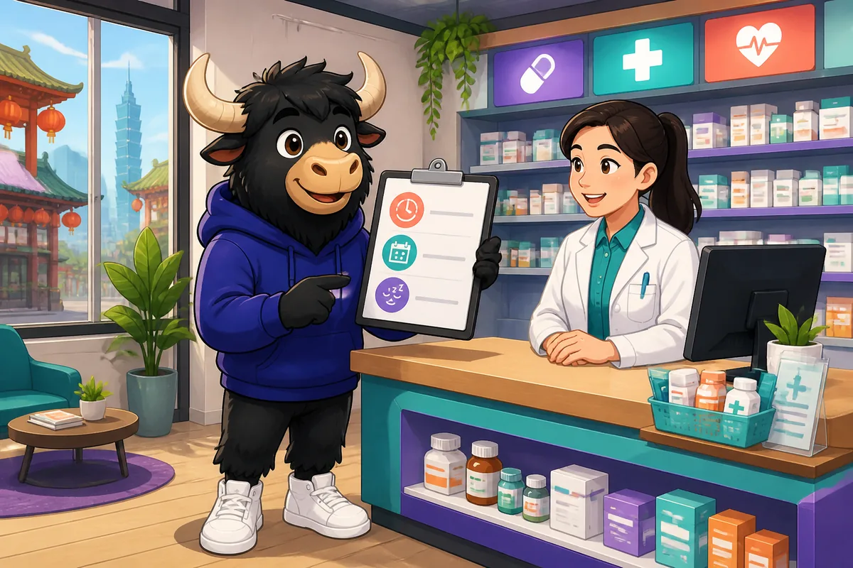 A bright Taiwan pharmacy counter with medicine bags, prescription slips, and Traditional Chinese labels; the scene supports a Taiwan Mandarin lesson about asking pharmacy questions.