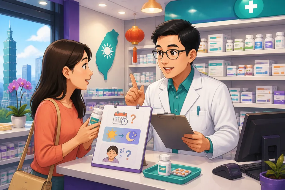 Anna talks with pharmacist David at a clean Taiwan pharmacy counter, using Traditional Chinese and Taiwan Mandarin phrases about prescriptions, doses, and medicine storage.