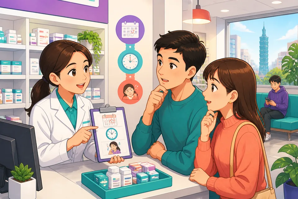 A learner holding a prescription at a neighborhood pharmacy in Taiwan, reading Traditional Chinese medicine instructions while preparing to ask questions in Taiwan Mandarin.