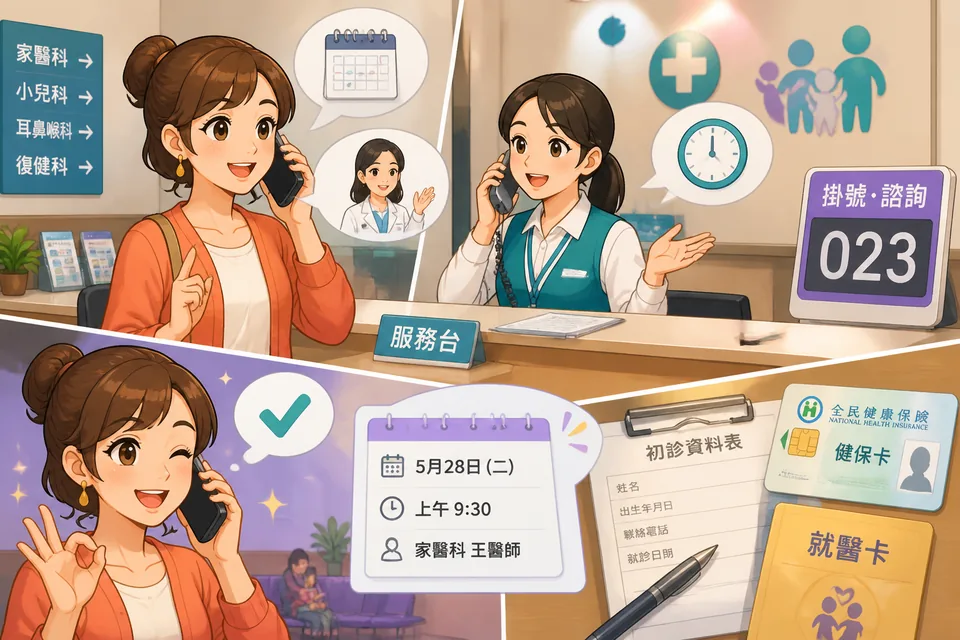 Two people in a Taiwan clinic reception area confirm an appointment time using Traditional Chinese. The dialogue scene shows natural Taiwan Mandarin for openings, rescheduling, and checking in.