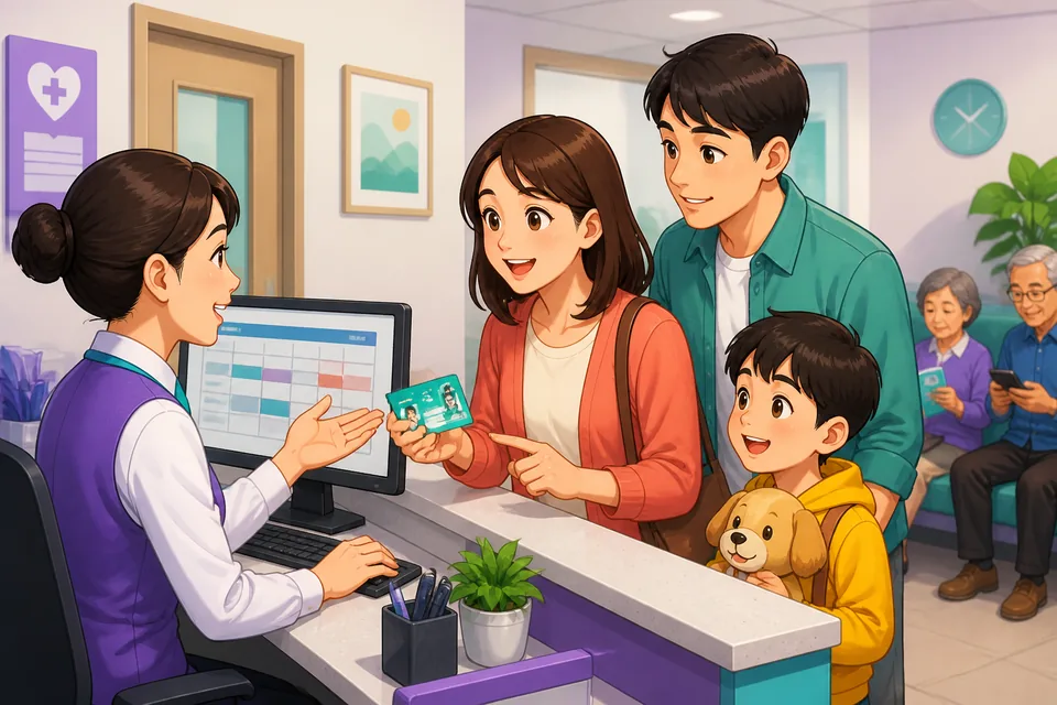 A learner looks at a phone and a small calendar marked in Traditional Chinese, preparing to book an appointment in Taiwan Mandarin. The scene feels practical, calm, and beginner-friendly.