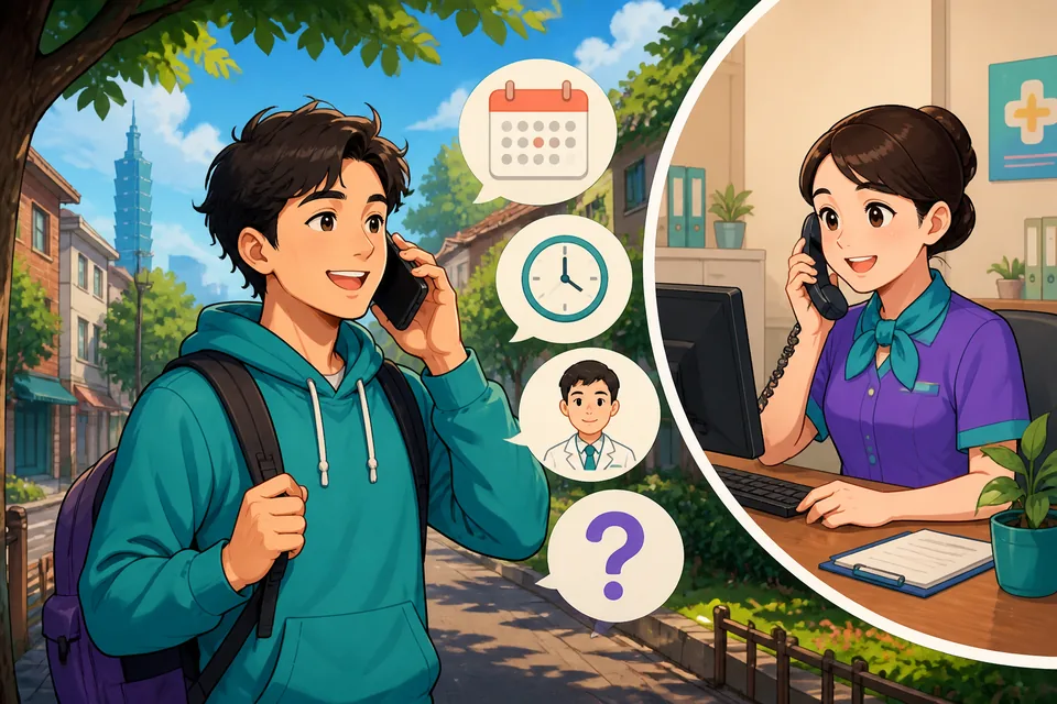 Anna sits at a reception desk while David calls about his appointment, showing a realistic Taiwan Mandarin phone conversation with Traditional Chinese text.