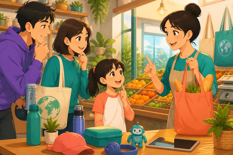 A friendly shop scene in Taiwan with Traditional Chinese labels and a small bag option at checkout, introducing Taiwan Mandarin phrases for choosing, needing, and refusing.