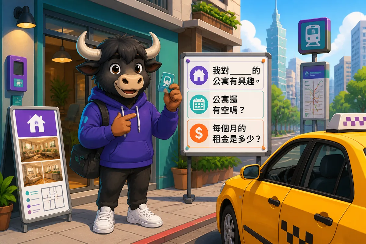 A renter in Taiwan looks at apartment listings on a phone with Traditional Chinese messages on the screen. The scene highlights Taiwan Mandarin phrases for renting an apartment.