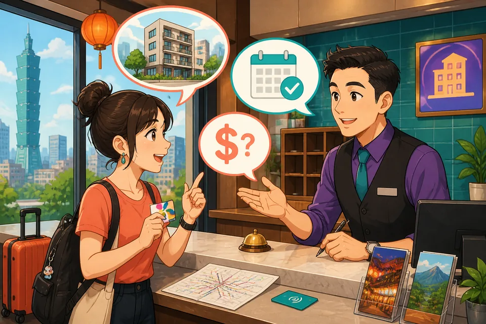 Anna chats with David, a landlord, while checking apartment photos and an address in Traditional Chinese. The Taiwan Mandarin scene shows a practical apartment-renting conversation.