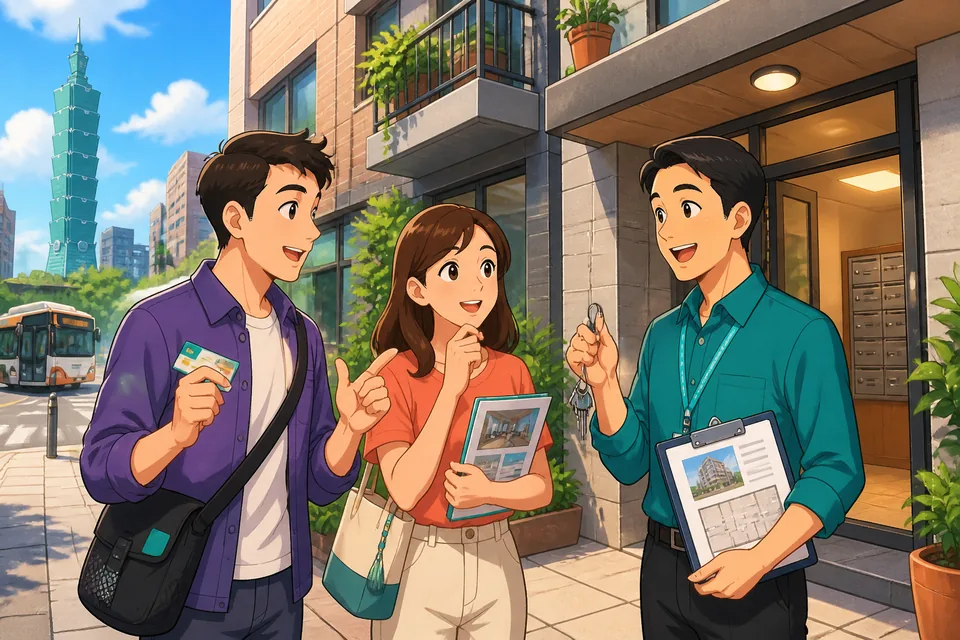 A cozy Taipei street scene with rental signs, apartment balconies, and a phone showing Traditional Chinese rental questions. The image supports a Taiwan Mandarin lesson about contacting a landlord.