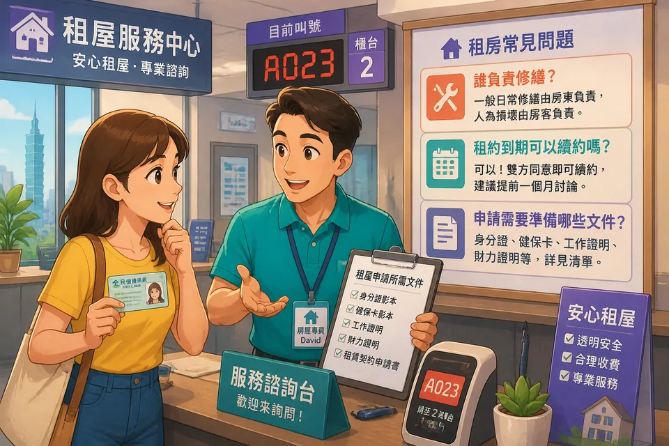 Two people discuss an apartment viewing in Taiwan while looking over a lease in Traditional Chinese. The scene supports a Taiwan Mandarin dialogue about renting an apartment and asking practical questions before signing.