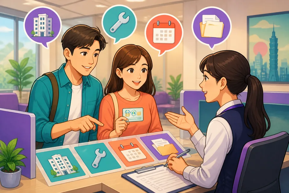 A bright Taiwan apartment viewing scene with keys, a lease, and a phone showing Traditional Chinese rental phrases. The image introduces Taiwan Mandarin questions about fees, documents, repairs, and rent payment.