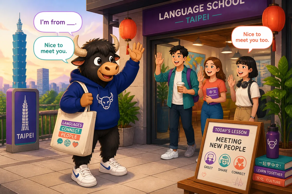 A friendly meetup scene in Taiwan with people shaking hands and chatting, showing the lesson topic of meeting new people in Traditional Chinese and Taiwan Mandarin.