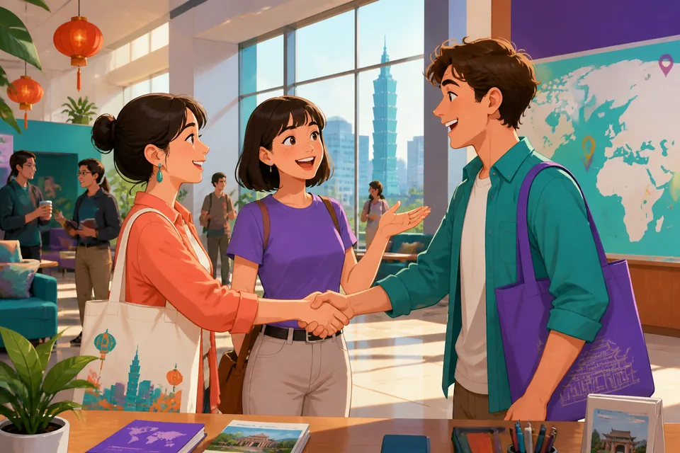 Two people at a casual Taiwan gathering introducing a friend, practicing Taiwan Mandarin and Traditional Chinese phrases for first meetings.