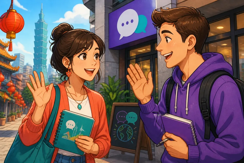 Anna and David talk at a casual community event, asking why they came and suggesting they keep in touch. The scene illustrates Taiwan Mandarin conversation in Traditional Chinese for meeting new people.