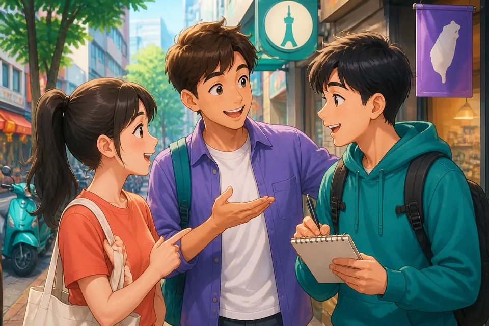 Two new friends standing near a café counter at a Taiwan meetup, chatting politely for the first time. The image supports a Traditional Chinese Taiwan Mandarin lesson about meeting new people.