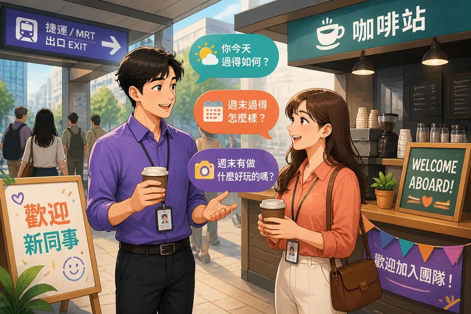 Two coworkers in a Taiwan office hallway having casual small talk, with Traditional Chinese dialogue captions for coffee breaks, lunch plans, and busy workdays.