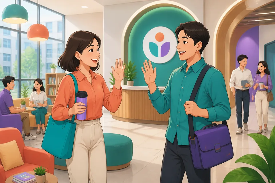 A friendly workplace scene in Taiwan with laptops, lunch boxes, and coffee cups, introducing Traditional Chinese phrases for chatting with coworkers in Taiwan Mandarin.