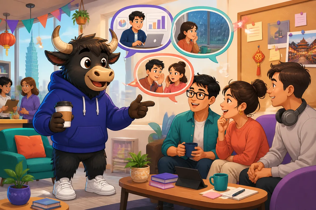 Traditional Chinese Taiwan Mandarin lesson on chatting with coworkers, showing two office workers smiling near a desk with laptops and coffee cups. The scene feels friendly, modern, and workplace-focused.