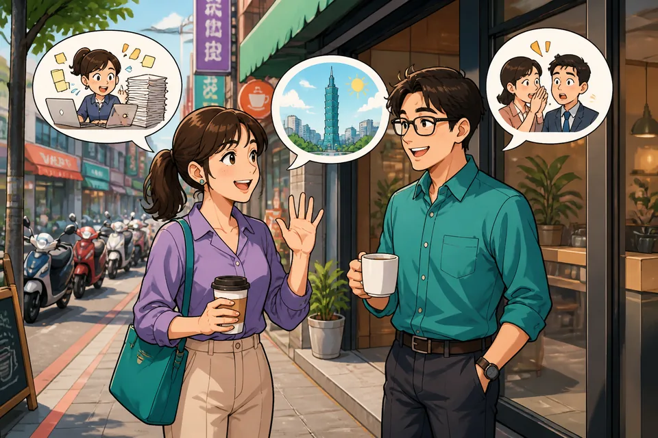 Two coworkers in a Taiwan Mandarin mini-dialogue using Traditional Chinese phrases for polite workplace chatting. One person stops by the other’s desk while checking if they are interrupting.