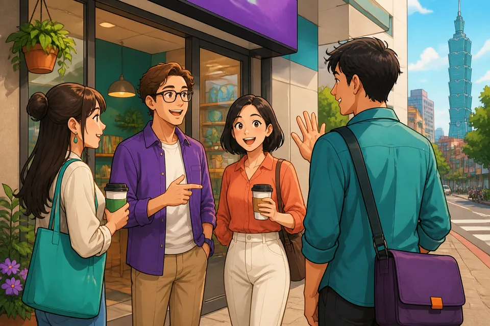 A bright Taiwan office scene for a Traditional Chinese lesson, with coworkers making casual small talk about busy projects. Sticky notes, monitors, and meeting room glass create a realistic workplace atmosphere.