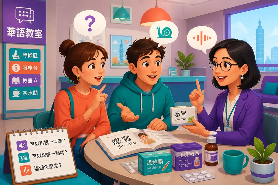 Two students in a Taiwan Mandarin class use Traditional Chinese phrases to ask about homework, pronunciation, and which exercise to do.