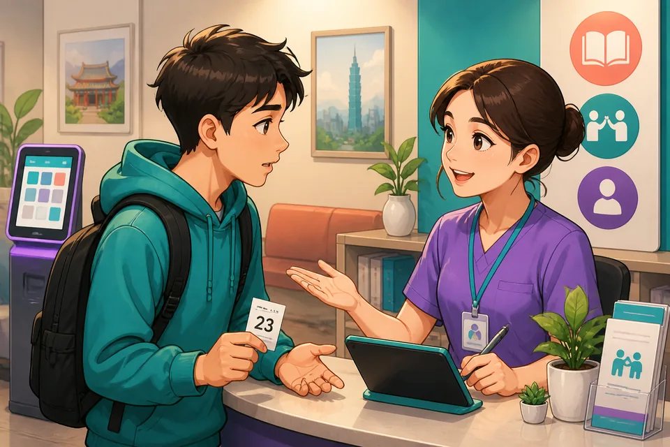 A student stands near a classroom door while a teacher gestures warmly toward an open seat, with Traditional Chinese notes on the blackboard. The Taiwan Mandarin dialogue focuses on entering class, catching up, and asking for classroom help.