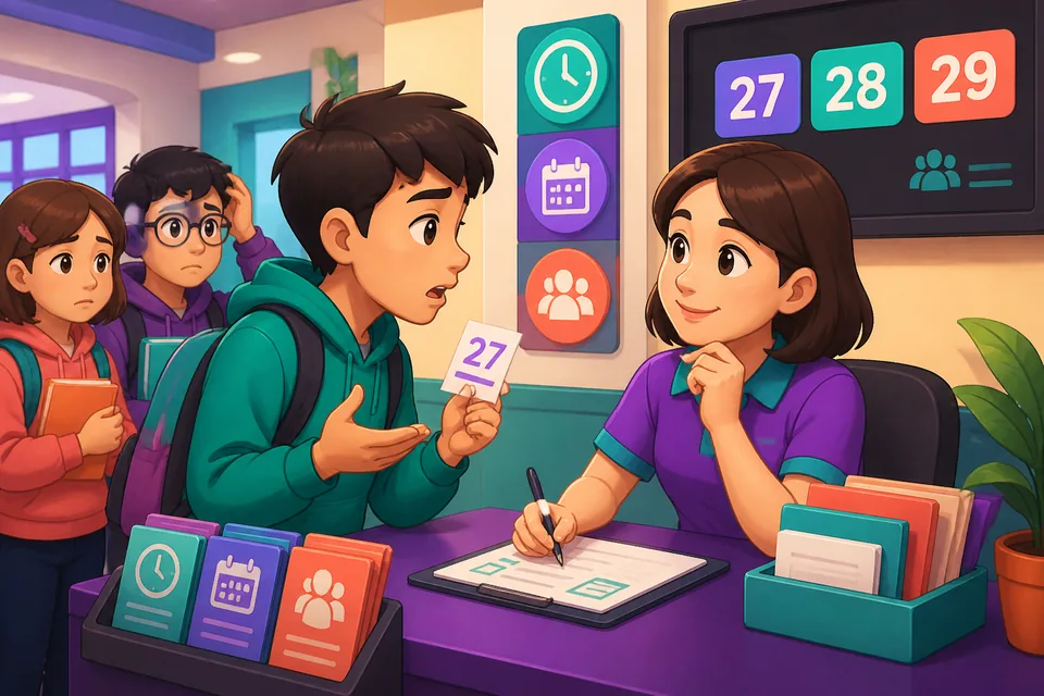 Students in a Taiwan classroom using Traditional Chinese materials, with notebooks, pencils, and a blackboard visible. The scene introduces Taiwan Mandarin phrases for borrowing items, asking permission, and speaking to a teacher.