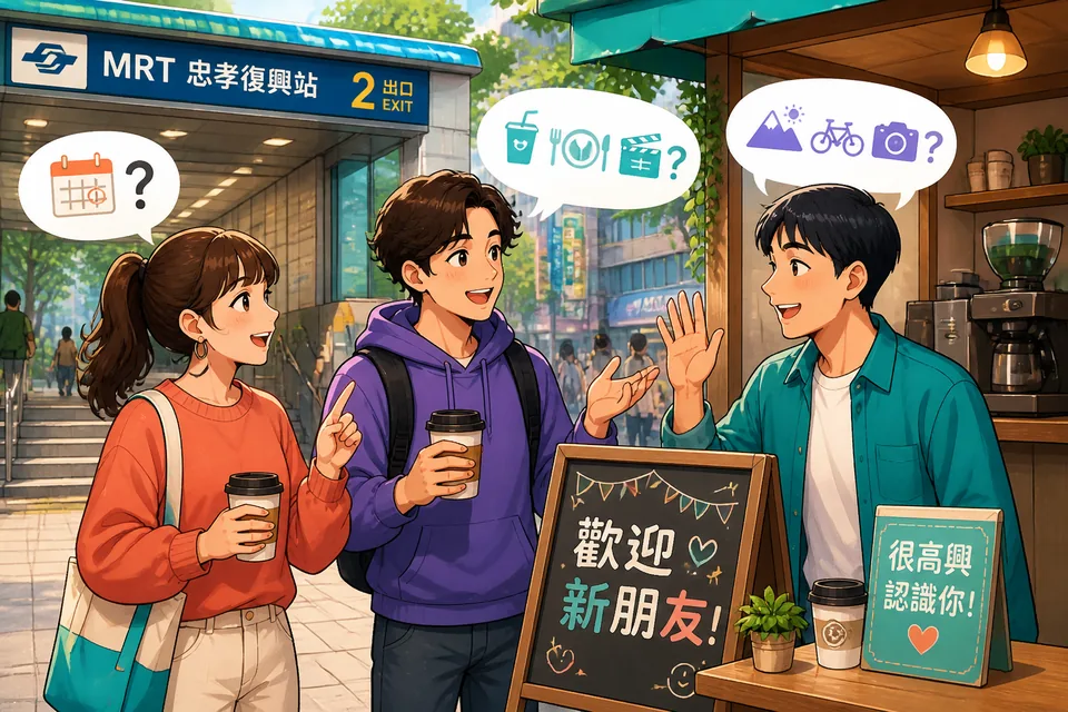Anna and David chat near an MRT station in Taiwan, using Taiwan Mandarin and Traditional Chinese to decide where and when to meet.
