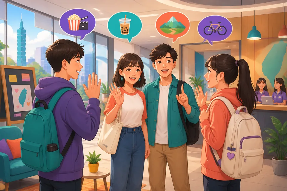 A bright Taiwan street scene where friends discuss weekend plans using Traditional Chinese phrases for availability, meeting times, and invitations.