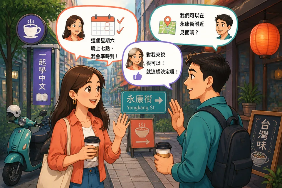 Anna and David stand near Taipei Main Station discussing where and when to meet. The scene supports a Traditional Chinese Taiwan Mandarin dialogue about making plans.