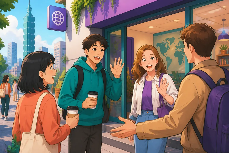 A friendly teacher-style illustration showing a calendar, a clock, and a Taipei MRT sign for a Taiwan Mandarin lesson on making plans. Traditional Chinese phrases appear as chat bubbles.