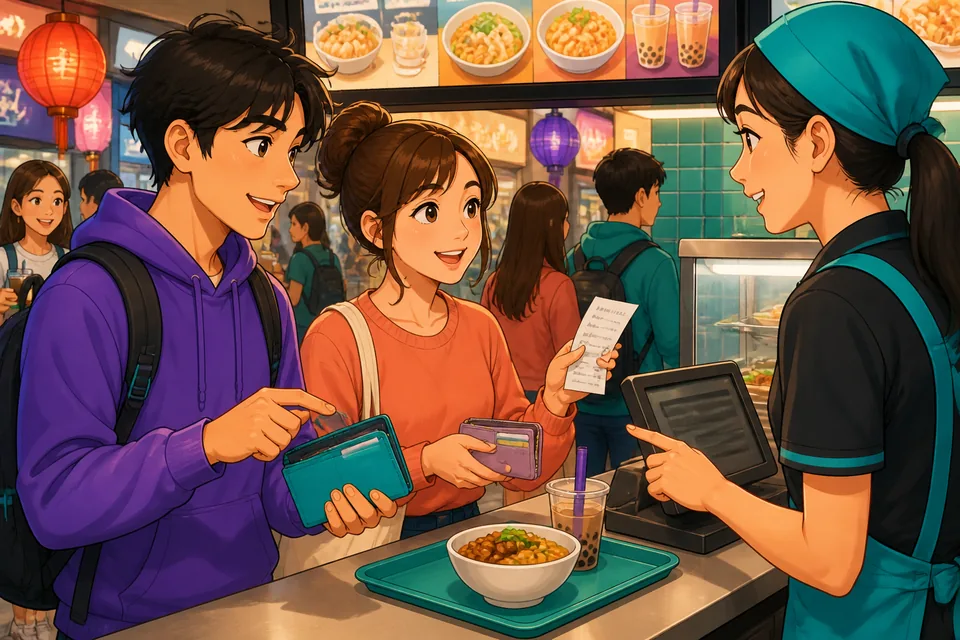 Two friends in Taiwan look over items on a table while practicing Traditional Chinese possession phrases in Taiwan Mandarin, like asking if someone has a phone or passport.