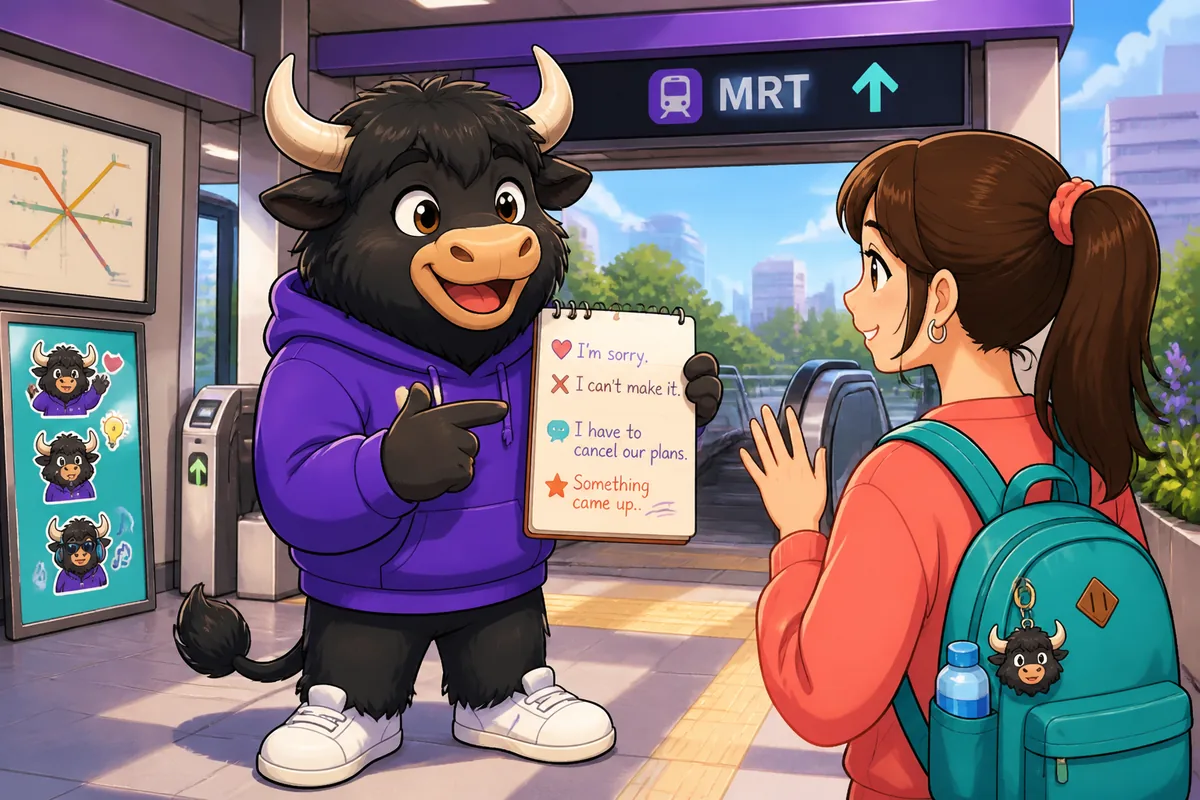 A phone screen shows a polite Traditional Chinese message about Cancelling Plans in Taiwan Mandarin, with a rainy Taipei street in the background. The scene feels realistic and warm, like someone kindly rescheduling with a friend.