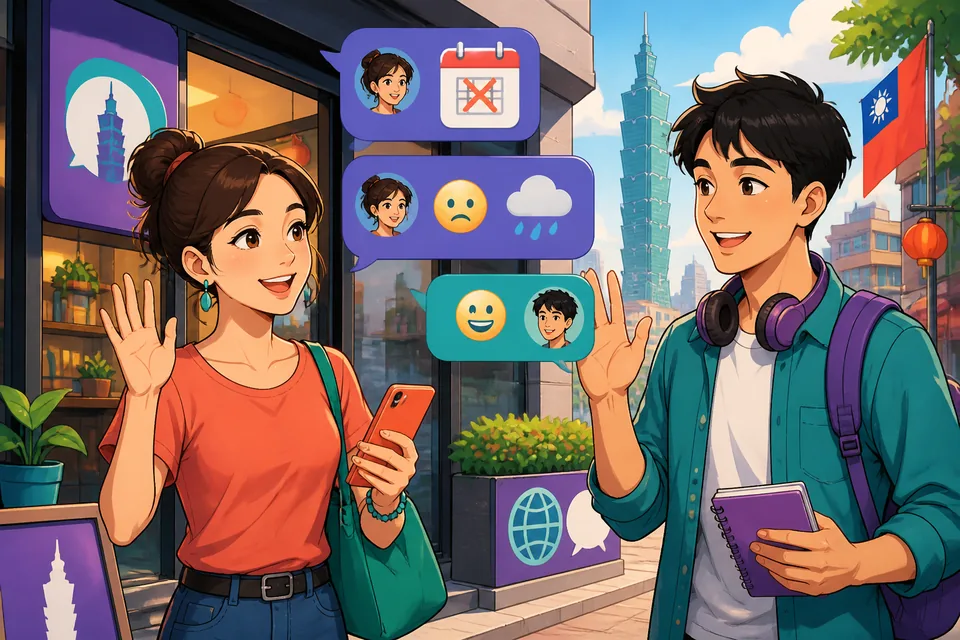 Anna and David exchange messages in Traditional Chinese about Cancelling Plans in Taiwan Mandarin. The chat shows an apology, a reason, and a new time being suggested.