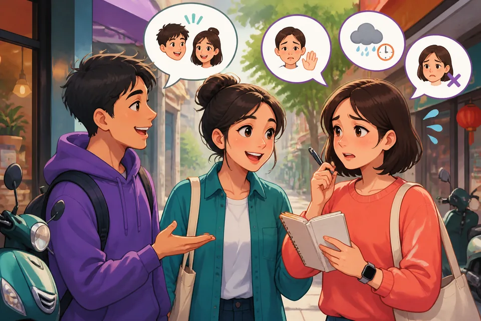 Two friends in Taiwan Mandarin practice using Traditional Chinese phrases for Cancelling Plans while checking their calendars at a café. One looks apologetic but friendly as plans change.