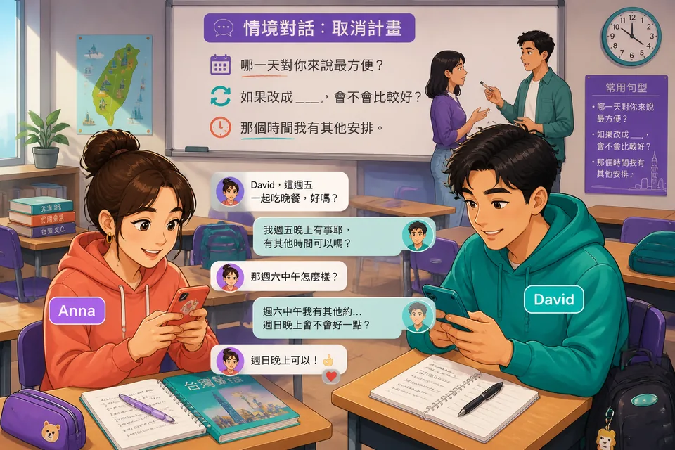 Anna and David exchange messages about changing plans, using Traditional Chinese and Taiwan Mandarin expressions for being late, pushing back time, and choosing another day.