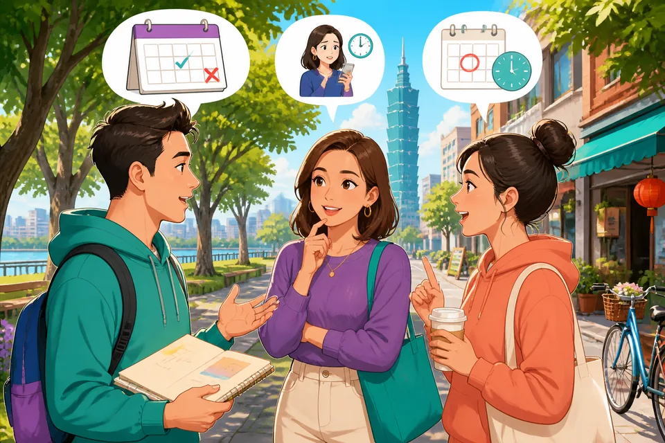 Two friends checking their calendars in a café while practicing Traditional Chinese for cancelling plans in Taiwan Mandarin. One looks apologetic but relaxed, ready to reschedule politely.