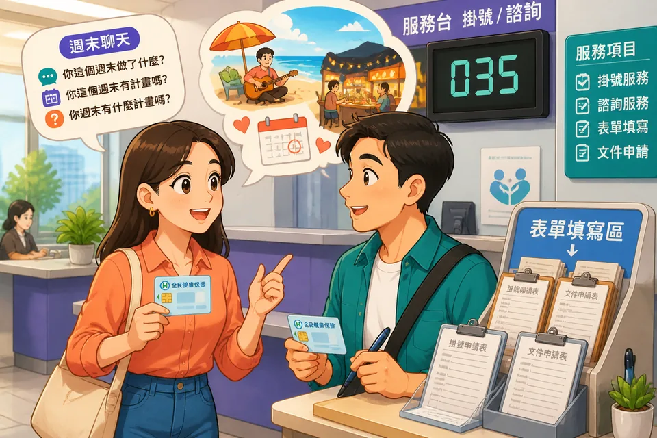 Anna and David talking casually in a Taipei street café, practicing Traditional Chinese weekend talk in natural Taiwan Mandarin.