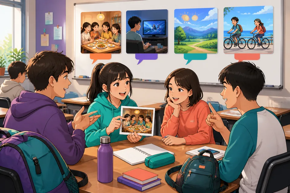 A learner reviewing Traditional Chinese Taiwan Mandarin phrases about weekend activities, with icons for dinner, TV shows, sunny weather, and rest.