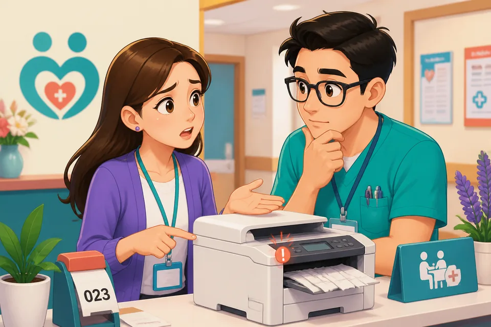 Anna asks David for help with a printer issue in a Taiwan office, using Traditional Chinese phrases from a Taiwan Mandarin problem-explaining conversation.