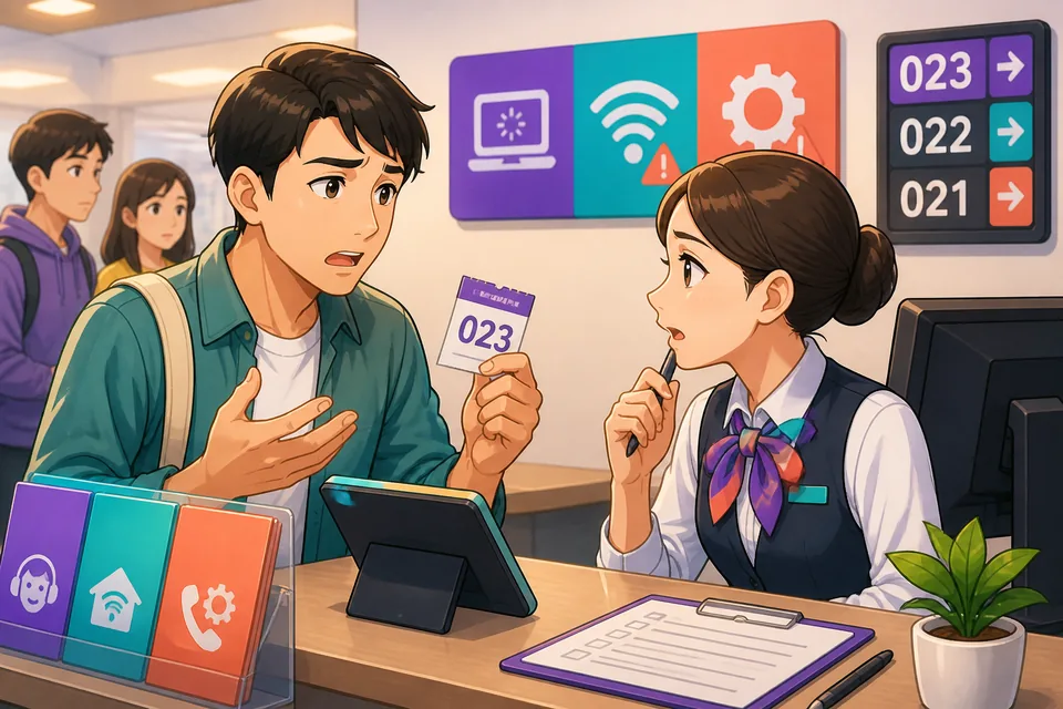 A desk in Taiwan with a phone, laptop, and printer showing small warning icons, introducing a Traditional Chinese lesson on explaining problems in Taiwan Mandarin.
