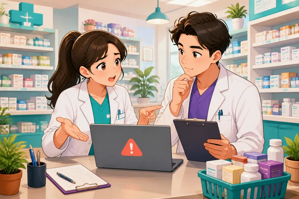 Two people at a café look at a laptop together while one demonstrates an error. The scene uses Traditional Chinese and Taiwan Mandarin for explaining a problem and asking for help.